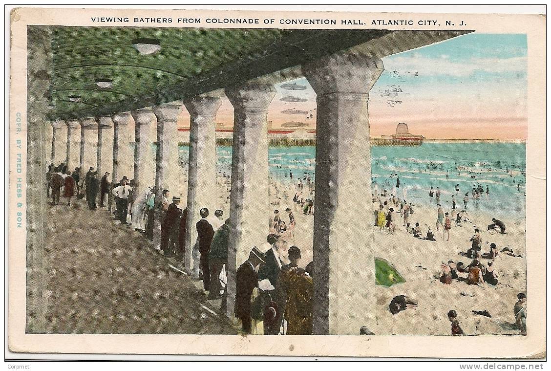VIEWING BATHERS FROM COLONNADE OF CONVENTION HALL  - 1932 CIRCULATED POSTCARD - Atlantic City