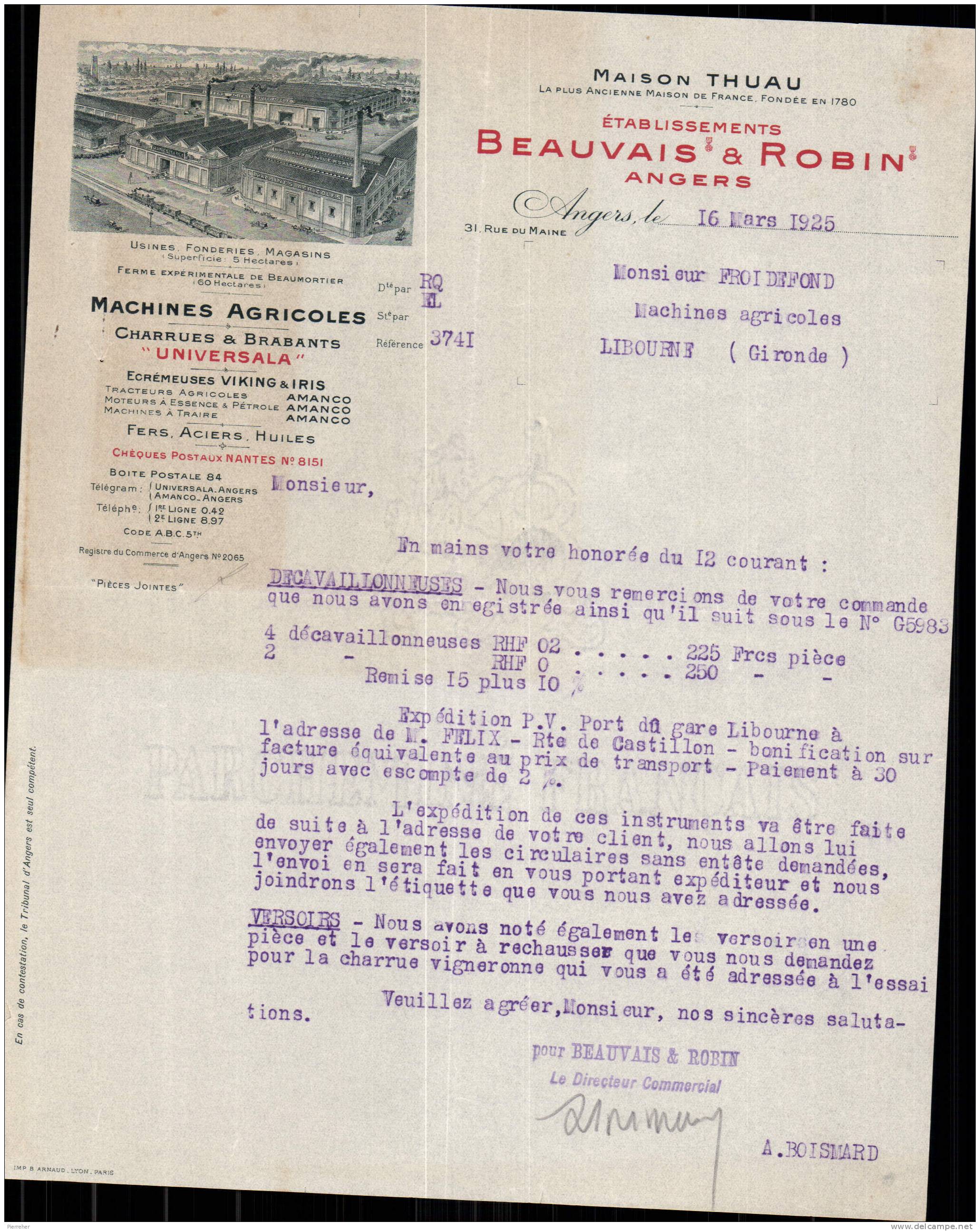 MACHINES AGRICOLES ETABLISSEMENTS BEAUVAIS & ROBIN - ANGERS MAINE ET LOIRE - 1925 - Landwirtschaft