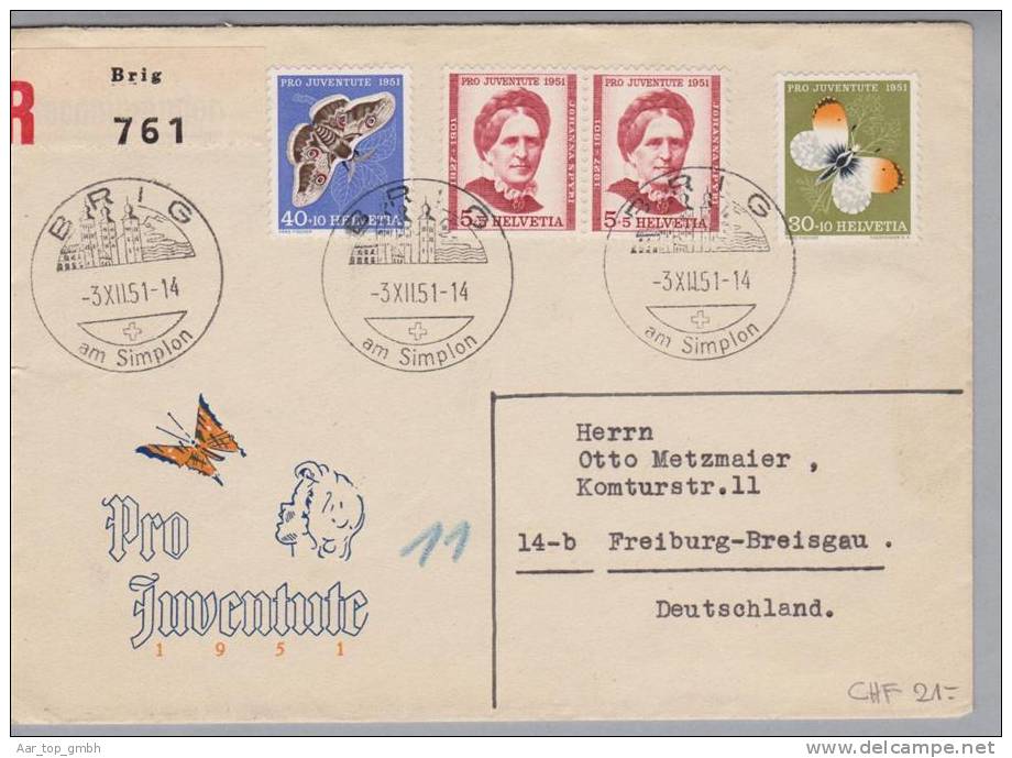 Schweiz  1951-12-03 Pro Juventute R-Brief Brig Kurort-O Nach Deutschland - Briefe U. Dokumente
