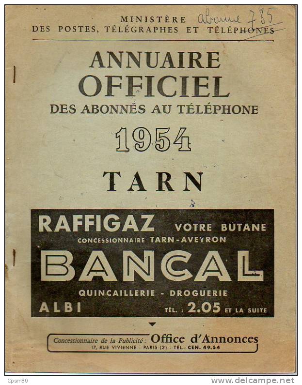 ANNUAIRE - 81 - Département Tarn - Année 1954 - Annuaire Officiel Des Postes - 92 Pages - Telephone Directories