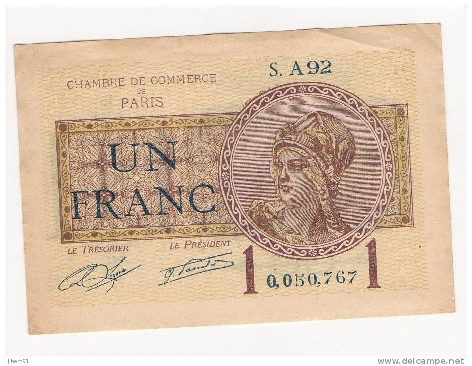 Billet De Un Franc (Chambre De Commerce De Paris) -  1922 - Numéro : 0.050767 (§) - Chambre De Commerce