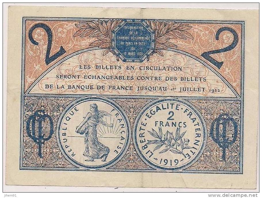 Billet De Deux Francs (Chambre De Commerce De Paris) -  1922 - Numéro : 086.277 (§) - Chambre De Commerce