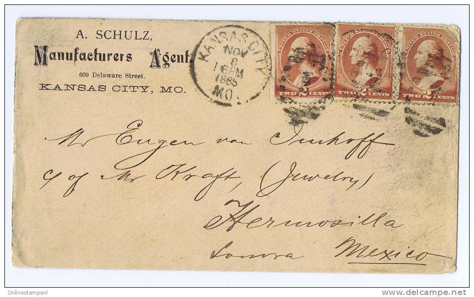 USA  1885 Cover From Kansas City To Mexico (Hermosillo), Strip Of 2 + 1 Separate Stamp  Of 2 Cent Brown - Covers & Documents