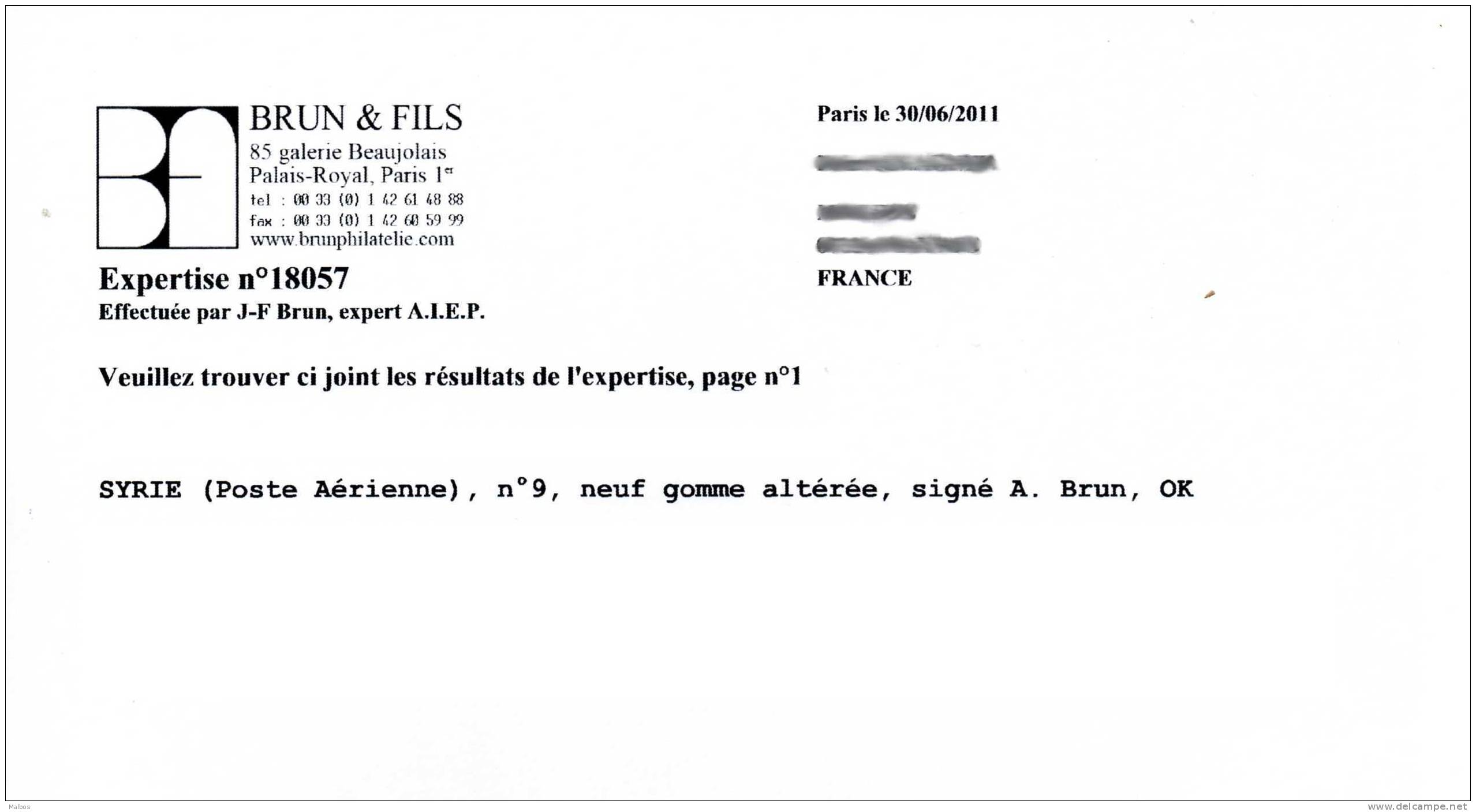 SYRIE (Fr.)   Aéro 1921   (*)   Y&T N° 9  - Gomme Altérée & Charnière - (signé  A. BRUN - Expert  PARIS) - Posta Aerea