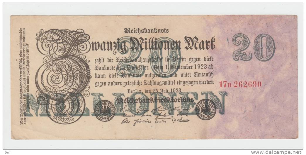 GERMANY 20 Millionen MARK 1923 VF+ P 97b 97 B - 20 Millionen Mark