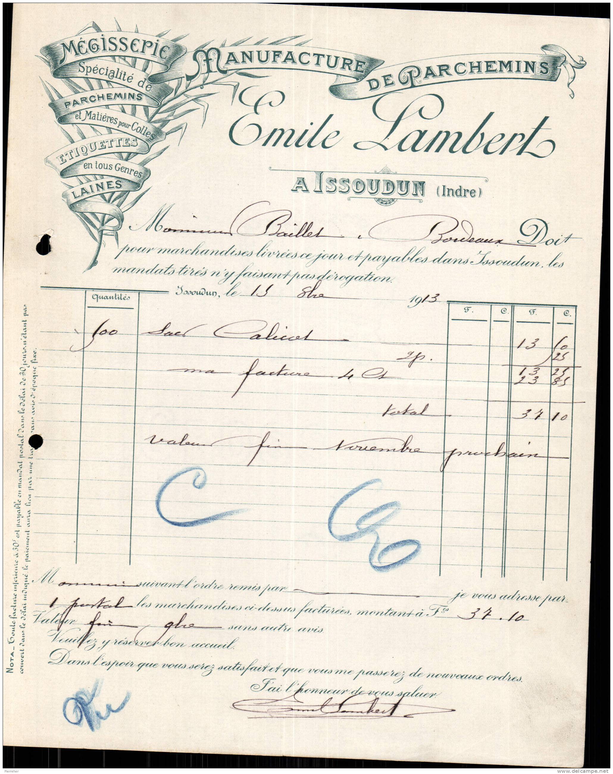 MANUFACTURE DE PARCHEMINS EMILE LAMBERT A ISSOUDUN INDRE - 1913 - Imprimerie & Papeterie