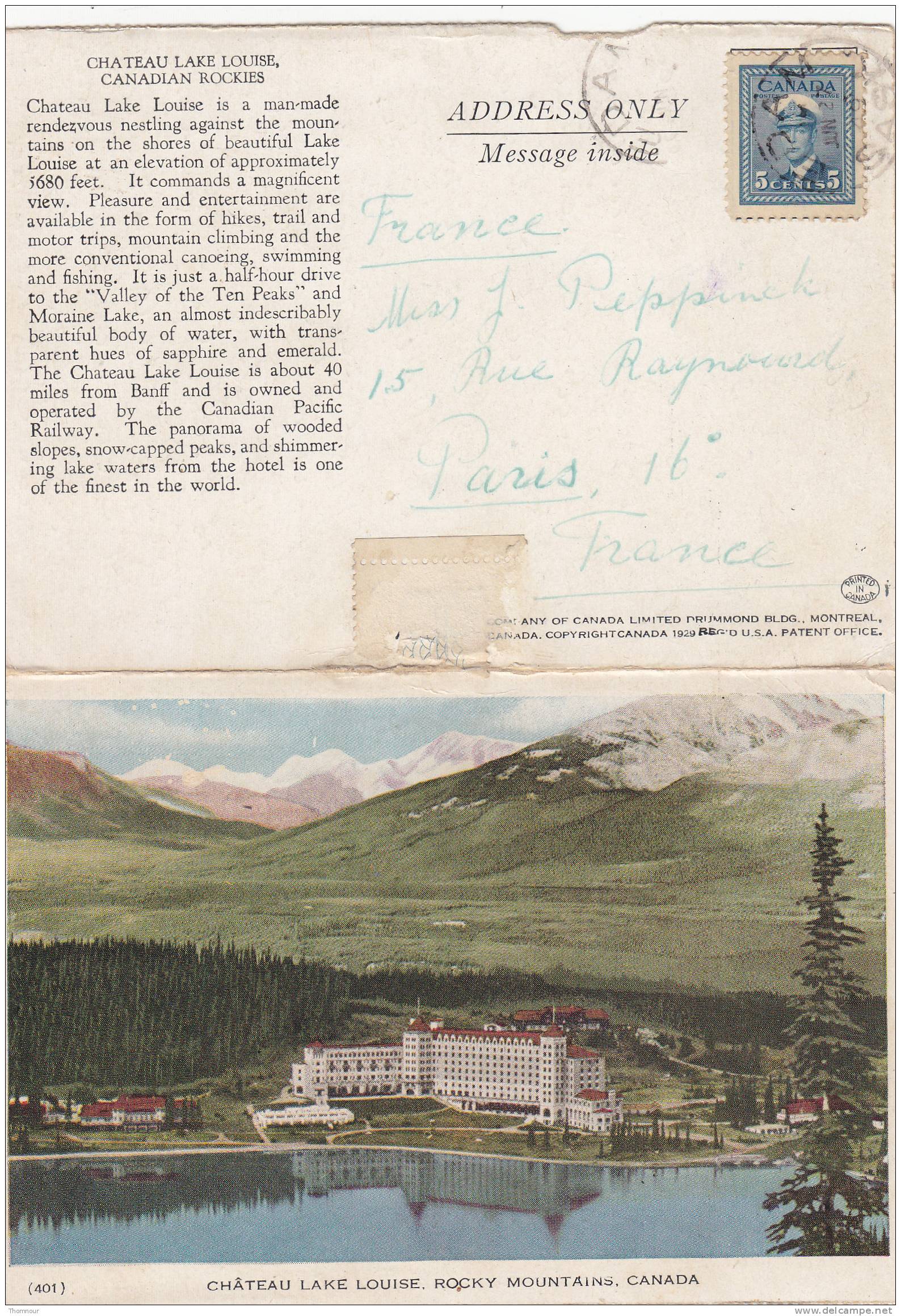 CHATEAU LAKE LOUISE .  ROCKY MOUNTAINS.  - 1949  -  CARTE LETTRE - Lac Louise