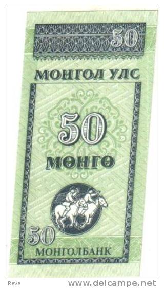 MONGOLIA  50 MONGO BLUE EMBLEM  FRONT MAN ON HORSE ANIMAL BACK ND(1993)  P.51 EF  READ DESCRIPTION !! - Mongolia