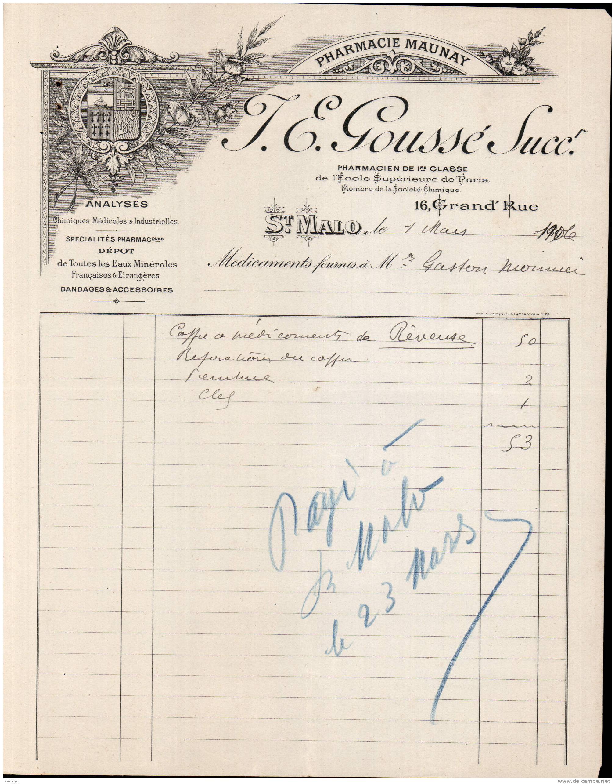 PHARMACIE MAUNAY - GOUSSÉ SUCCr - SAINT MALO - 1906 - Drogisterij & Parfum