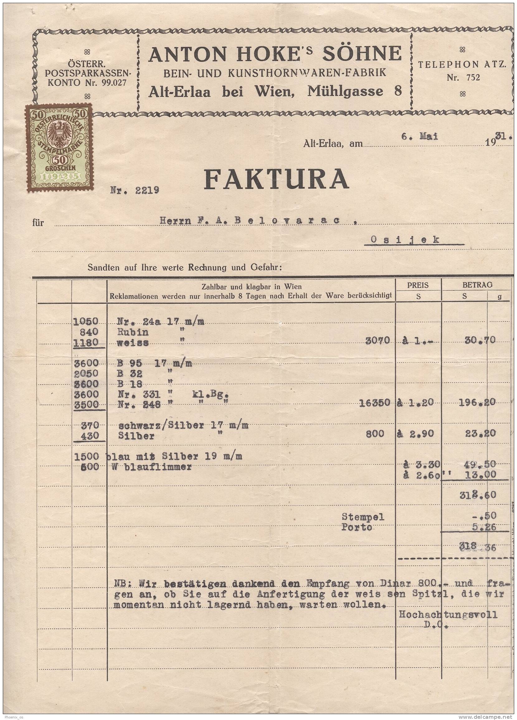 AUSTRIA - Wien, Kunsthornwaren Fabrik ANTON HOKES, 1931. - Österreich