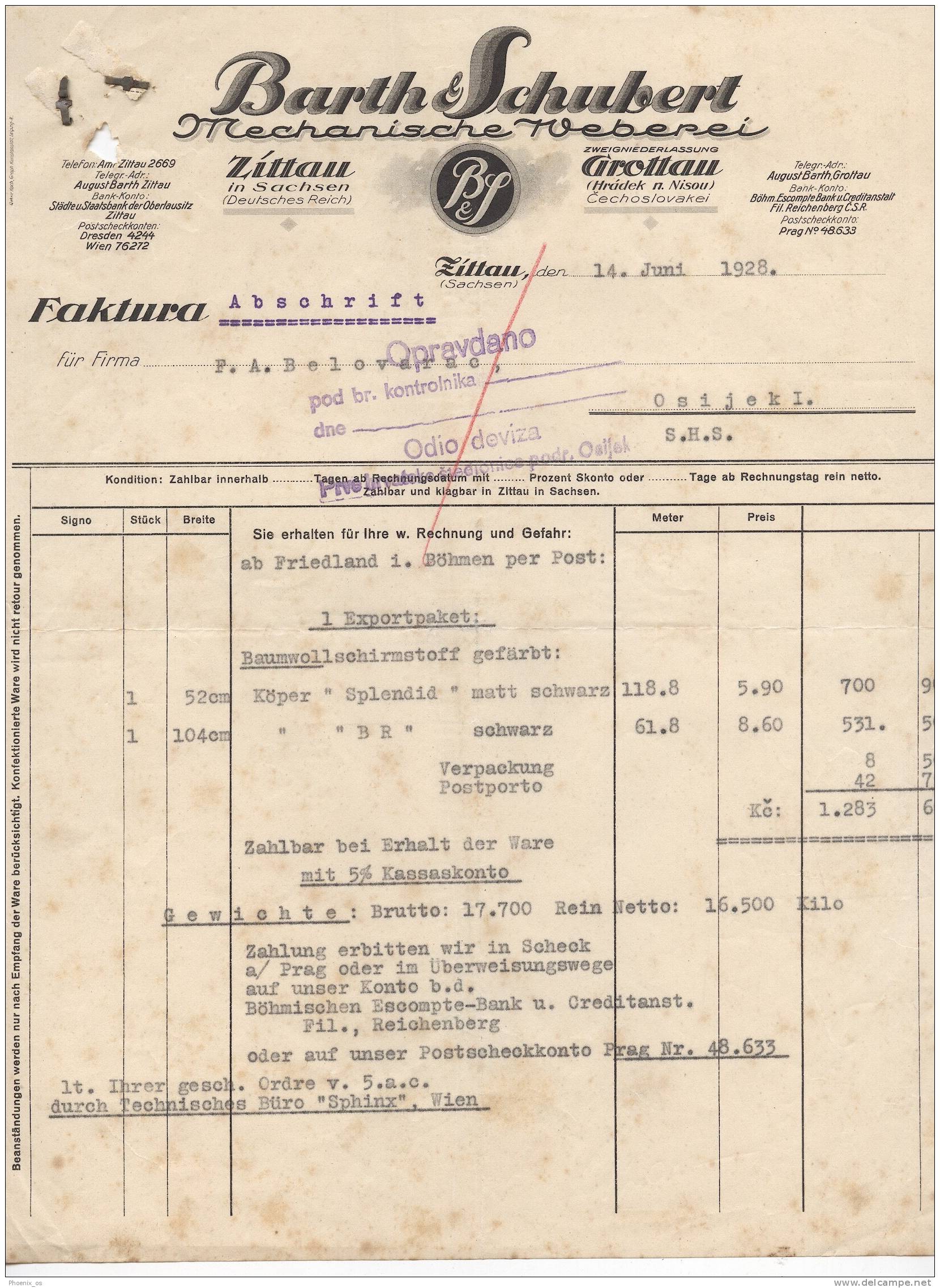GERMANY - ZITTAU, Factory BARTH & SCHUBERT, 1928. - Autres & Non Classés