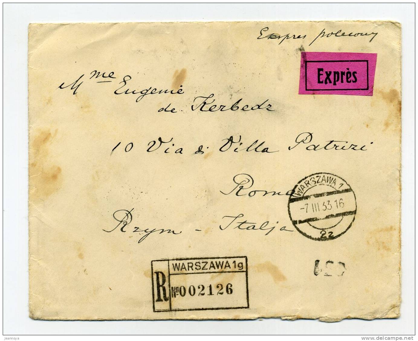 POLOGNE - N°343A (2) + 350 PAIRE SUR LR EXPRES, OBL. WARSZAWA LE 7/3/33 POUR ROME - TB - Covers & Documents