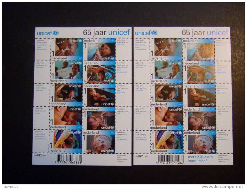 NETHERLANDS 2011 UNICEF SHEETS WITH AND WITHOUT OVERPRINT SEE BOTTOM RIGHT  MNH ** (1032600-1120) - Neufs