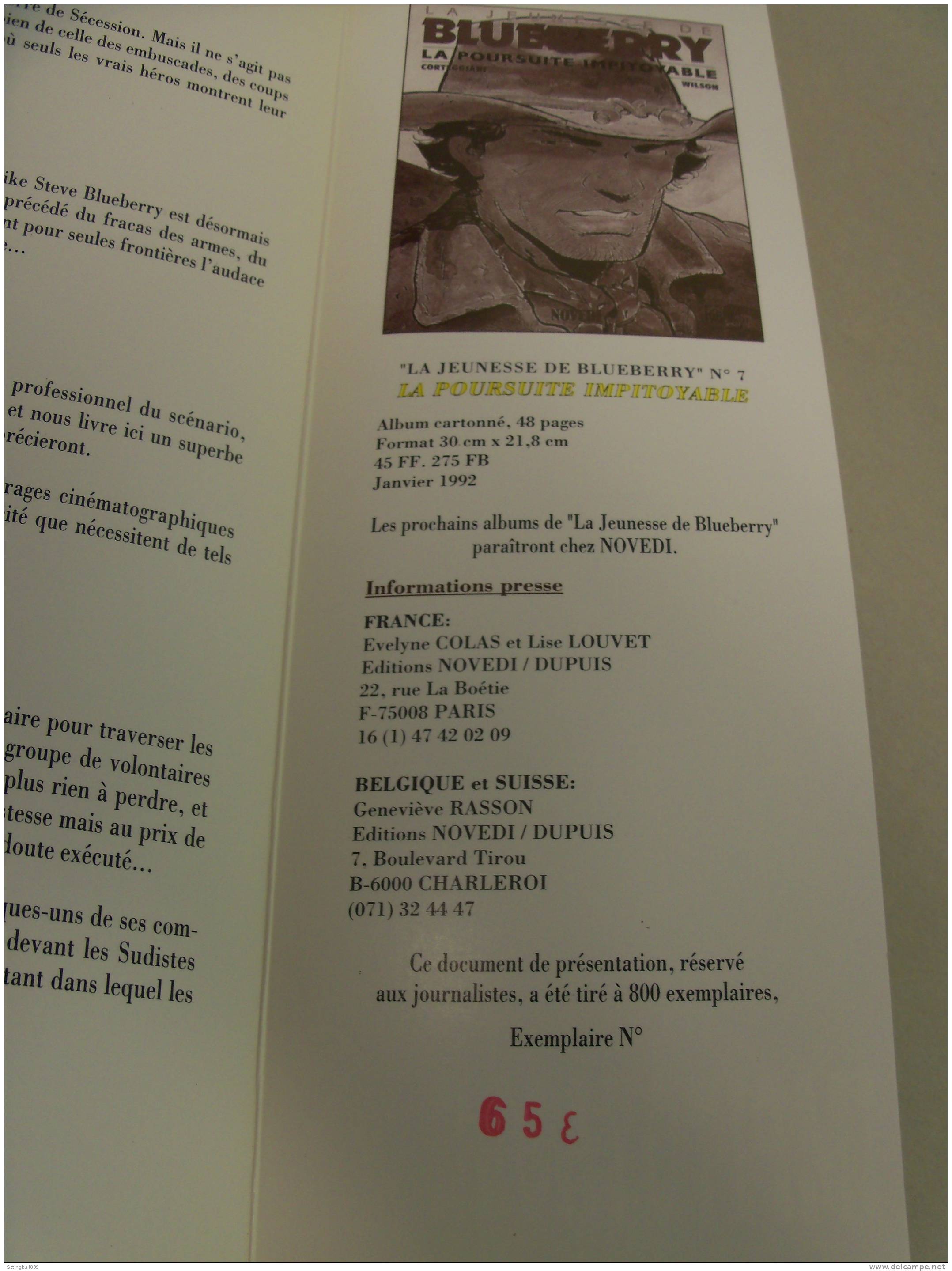 WILSON-CORTEGGIANI. BLUEBERRY 7. La Poursuite Impitoyable. Très Beau Dépliant Pub 1992 Réservé Aux Journalistes. TL 800 - Advertentie