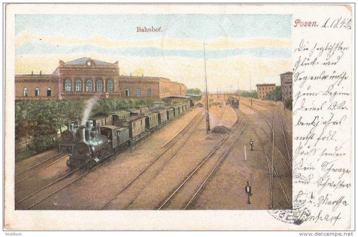 Posen Bahnhof Color Gleisseite Dampflok 2 Züge 18.4.1906 Gelaufen Poznan - Posen