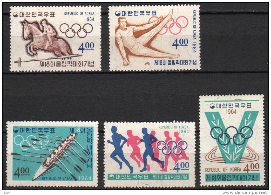 S. Korea 1964  5 V MNH  Horse Horses Chevaux Cheval Caballos Pferde Cavalli Paarden Aviron Course Hippisme Equestrian - Summer 1964: Tokyo