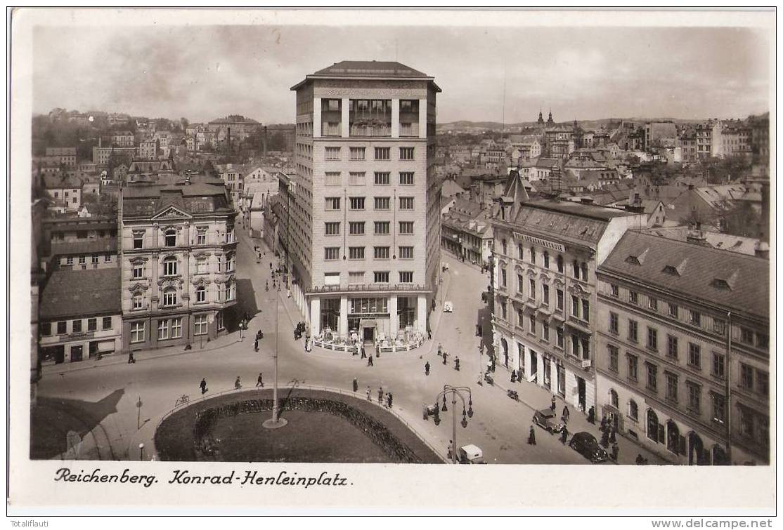 Reichenberg Konrad Henlein Platz Cafe CENTRAL Liberec PRIVATE SPRACHENSCHULE HÜBEL 21.1.1939 Gelaufen Vogelschau - Sudeten