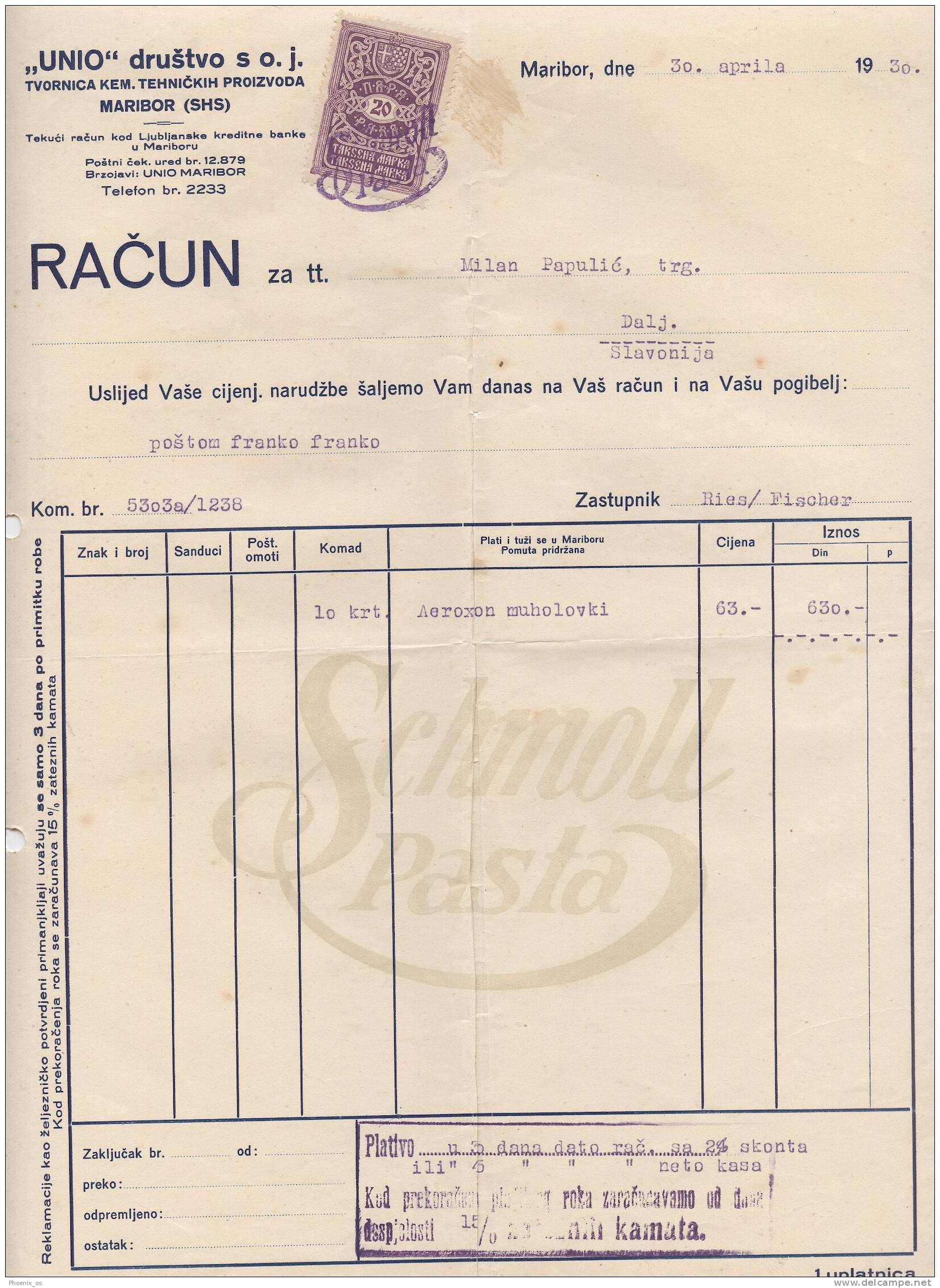 SLOVENIA - MARIBOR, Društvo UNIO, Schmoll Pasta,1930. - Other & Unclassified