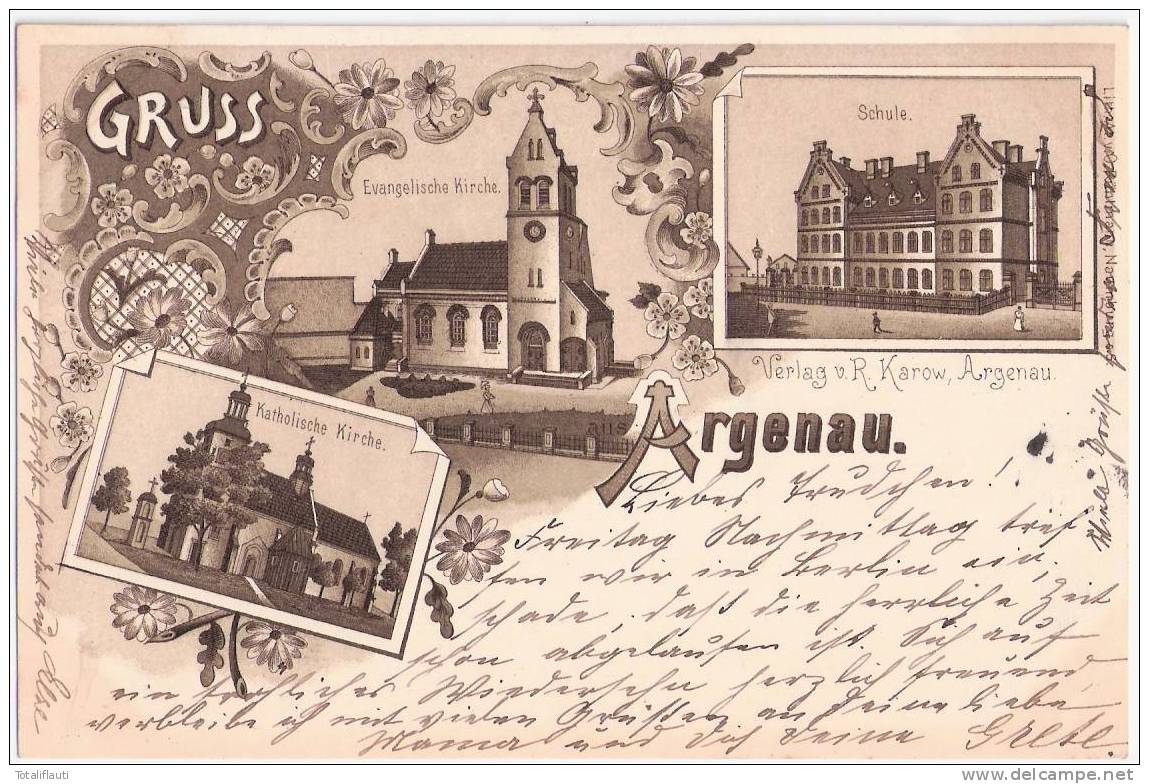 Gruß Aus Argenau Schule Katholische Kirche Evangelische Kirche 30.9.1900 Gelaufen Braun Litho Gniewkowo - Ostpreussen