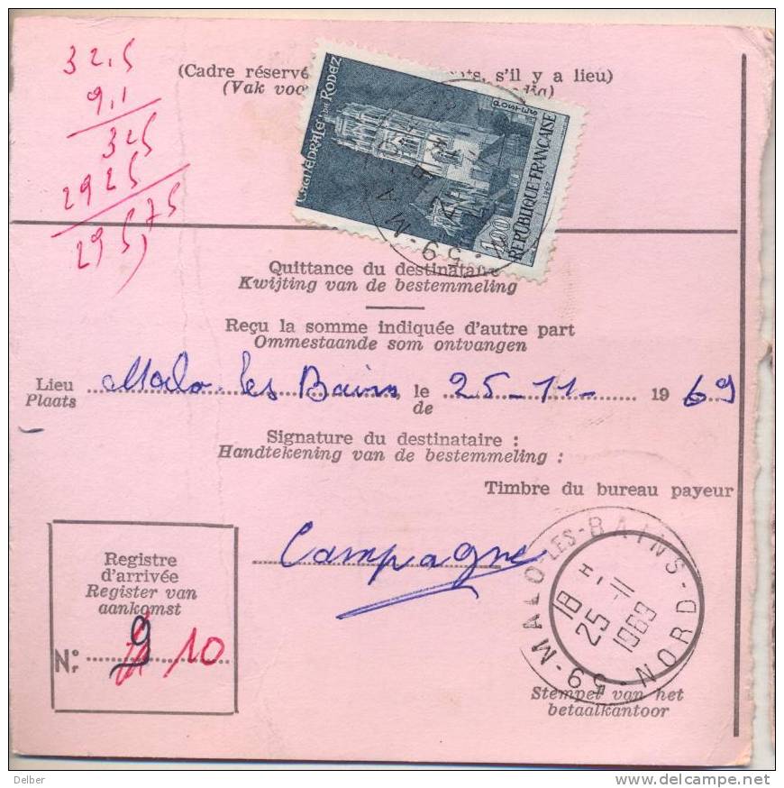 _Np537: N° 1504 / MANDAT DE POSTE INTERNATIONAL : 59 NORD: MALO-LES-BAINS:  La Belgique : Griffe: WAVRE1 - Timbre Abîmé - Documents De La Poste