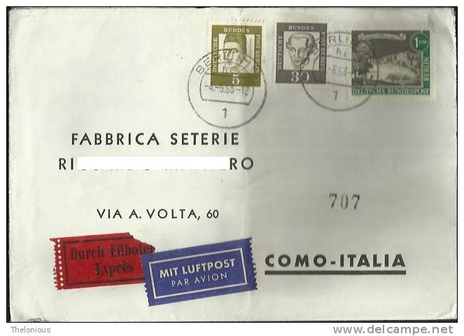 # Lettera Expres - Par Avion Spedita Da Berlino A Como Il 4-6-1963 - Lettres & Documents