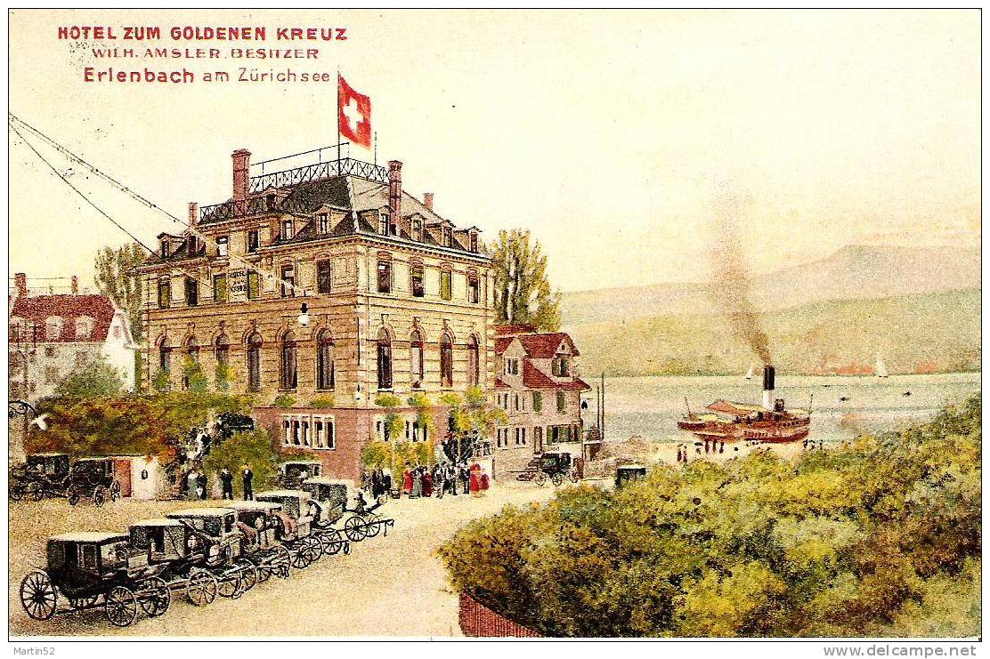 Schweiz Suisse 1911: Erlenbach HOTEL ZUM GOLDENEN KREUZ, Mit Stempel ERLENBACH 25.IV.11 (Kutschen,Dampfschiff) - Erlenbach