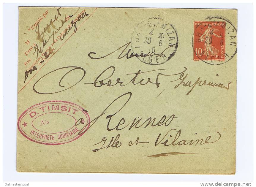 France Entier Enveloppe 10 C Semeuse Camée, 1910  Algers Draa El Mizan  A Rennes - Enveloppes Types Et TSC (avant 1995)