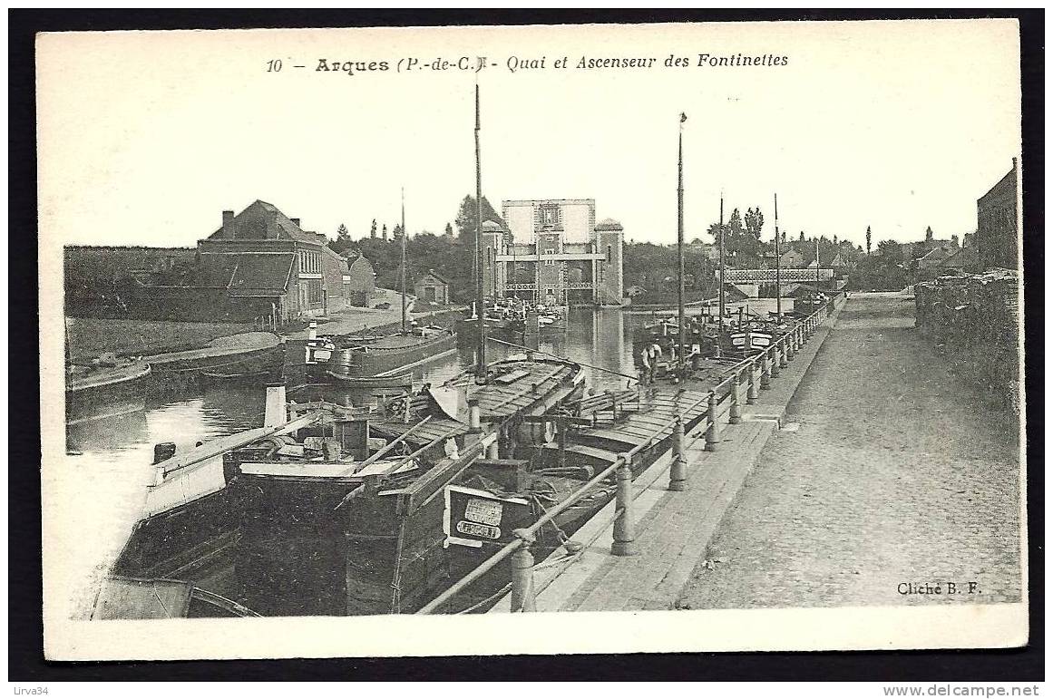 CPA  ANCIENNE- FRANCE- ARQUES (62)- LE QUAI ET L'ASCENSEUR DES FONTINETTES- PENICHES EN TRES GROS PLAN - Arques