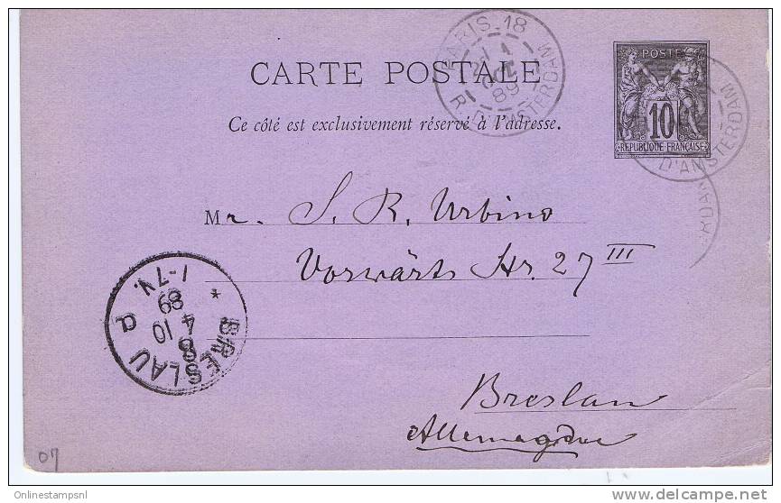 France Carte Postal, 1889  Paris  -&gt;  Breslau Allemagne / Deutschland - Cartes Postales Types Et TSC (avant 1995)