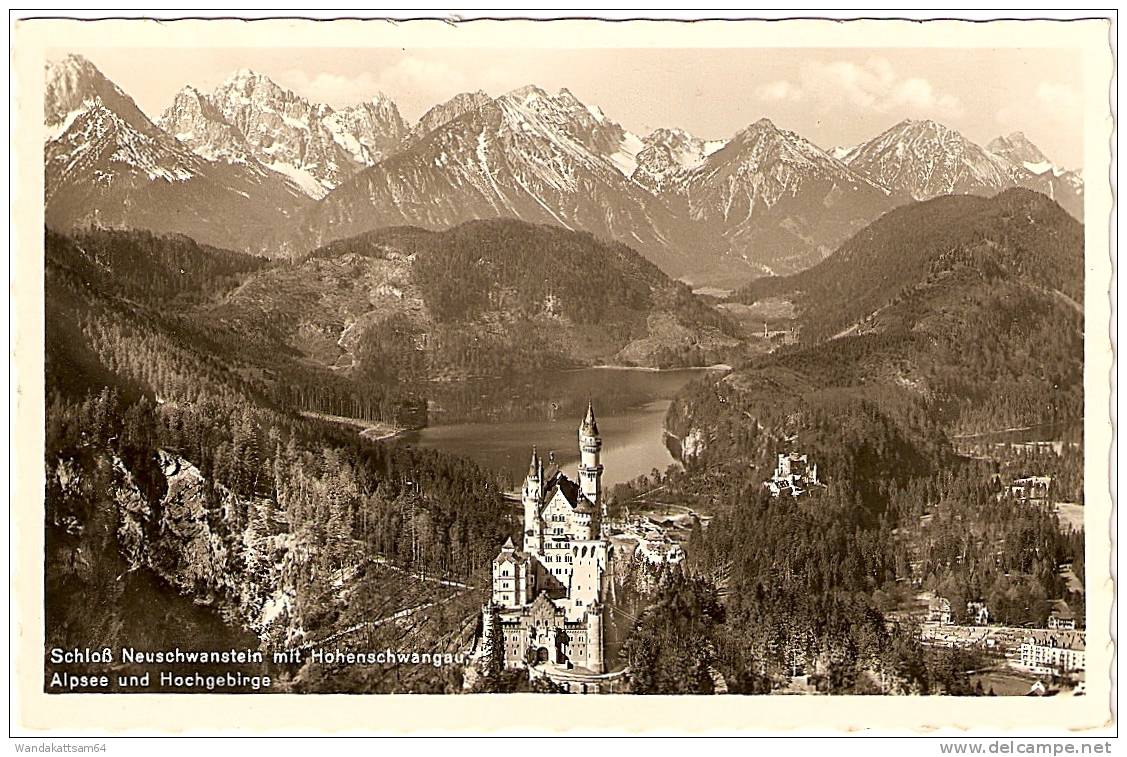 AK Schloß Neuschwanstein Mit Hohenschwangau Alpsee Und Hochgebirge 16.8.52 SCHWA  A Mehr Nicht Lesbar Briefmarke Entfern - Füssen