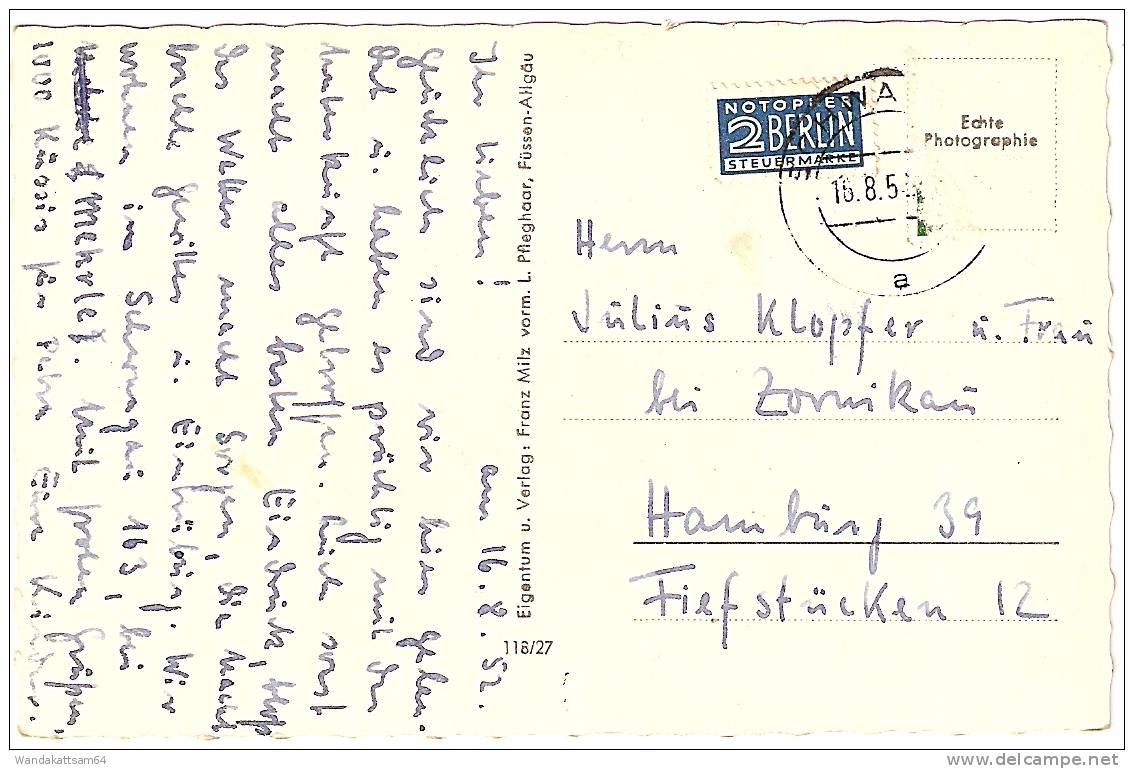 AK Schloß Neuschwanstein Mit Hohenschwangau Alpsee Und Hochgebirge 16.8.52 SCHWA  A Mehr Nicht Lesbar Briefmarke Entfern - Füssen