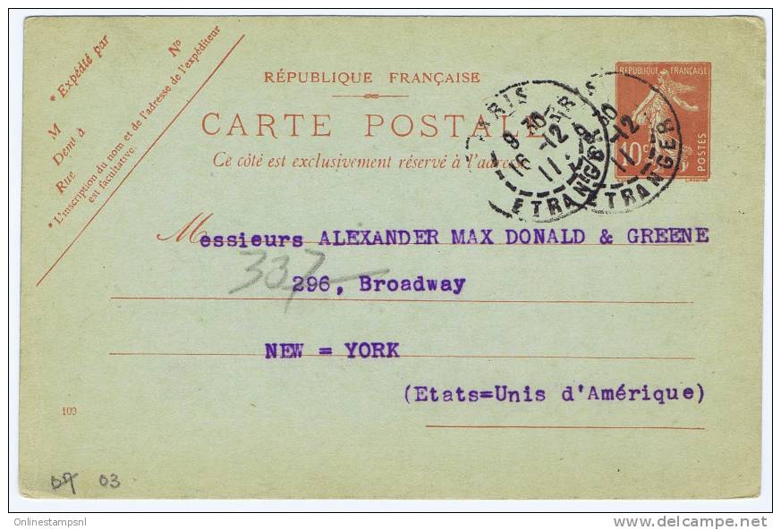 France Carte Postal, 1911   Paris-&gt; Broadway New York  USA, - Standard- Und TSC-AK (vor 1995)