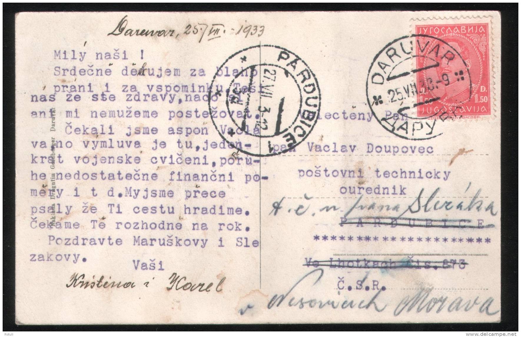 Croatia 1933 Daruvar - Jelaciceva Ulica - Postcard To Pardubice Czechoslovakia - Croatia