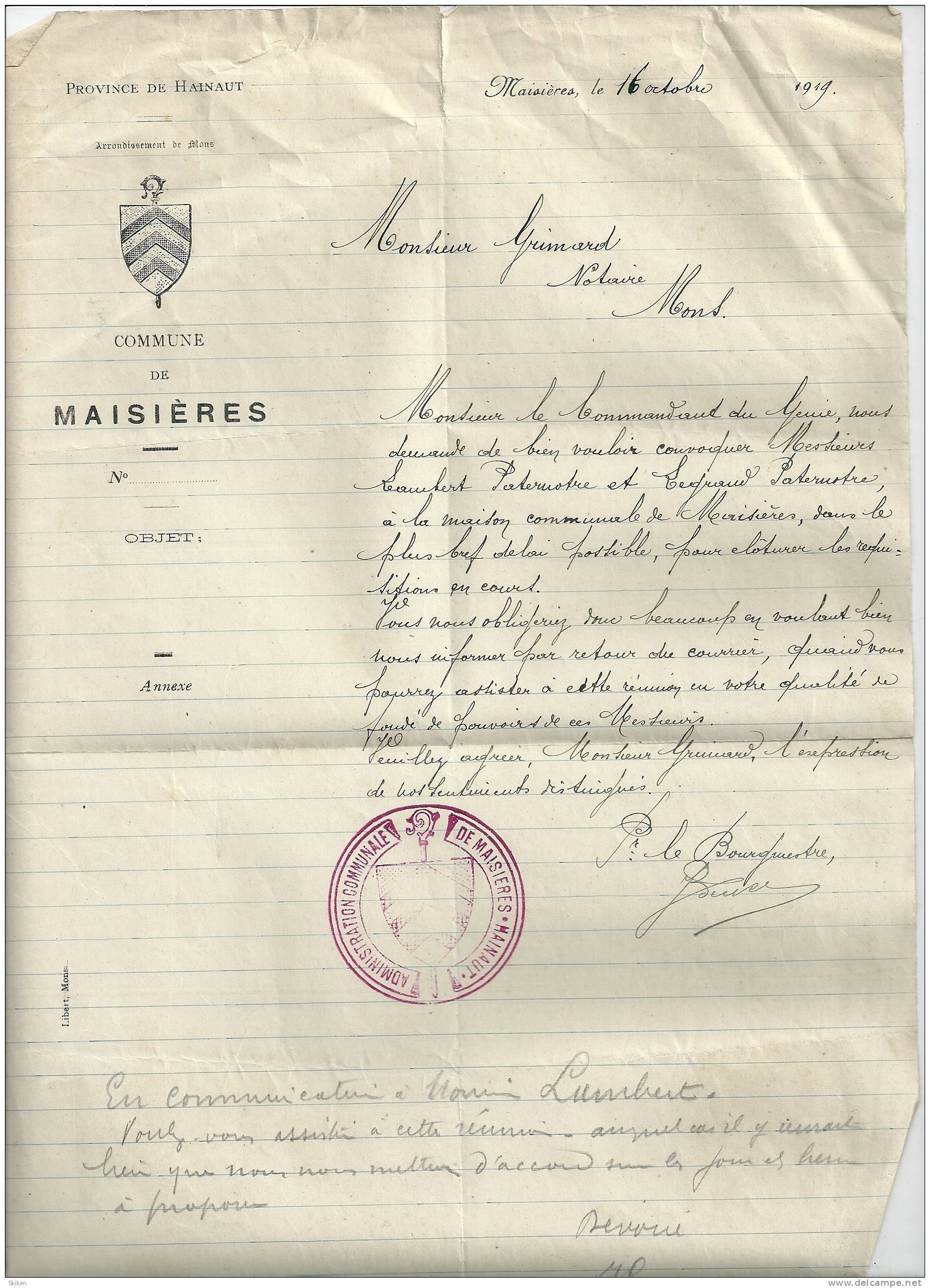 MAISIERE  Province De Hainaut   Convocation D´une Reunion  ...  16.10.1919 - Autres & Non Classés