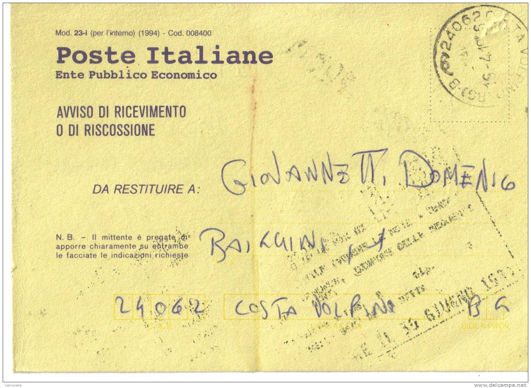 Poste Italiane -avviso Di Ricevuta  Solo Con Bollo 1996-modello 1994 - 1991-00: Storia Postale