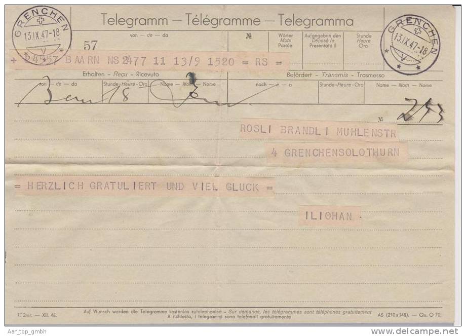 Schweiz Telegramm Grenchen 1947-09-13 Mit Inhalt - Télégraphe
