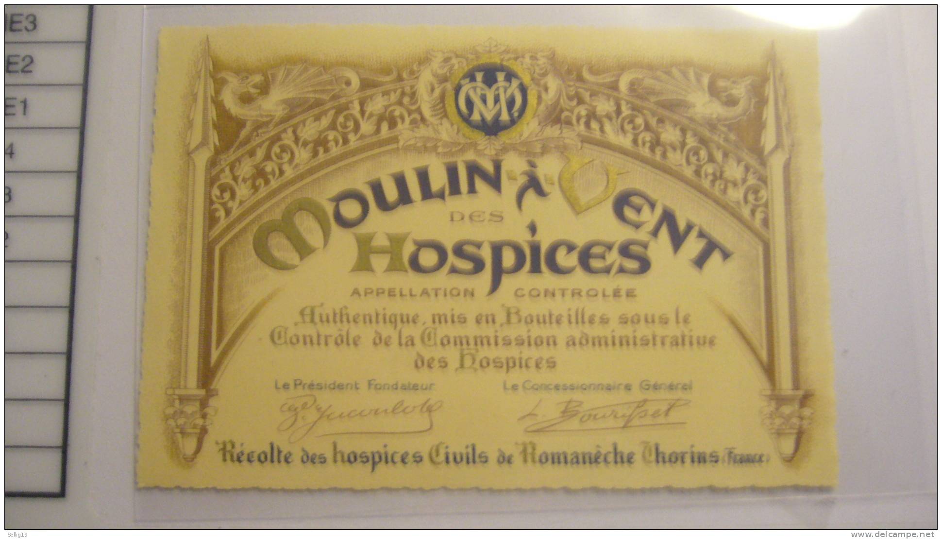 Etiquette ´ Moulin à Vent Des Hospices ´ Appellation Controlée - Alcools