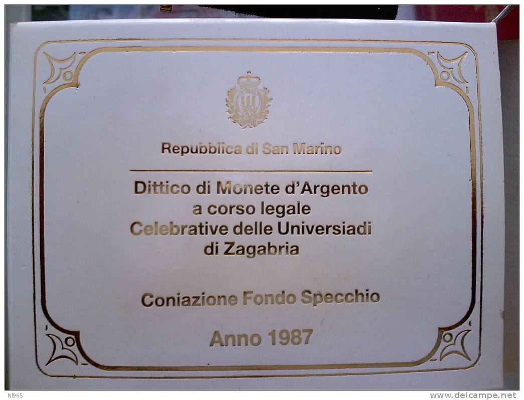 SAN MARINO - ANNO 1987 - DITTICO OLIMPIADI ZAGABRIA  LIRE 500 + 1000  In ARGENTO FONDO SPECCHIO In CONFEZIONE ORIGINALE - Saint-Marin