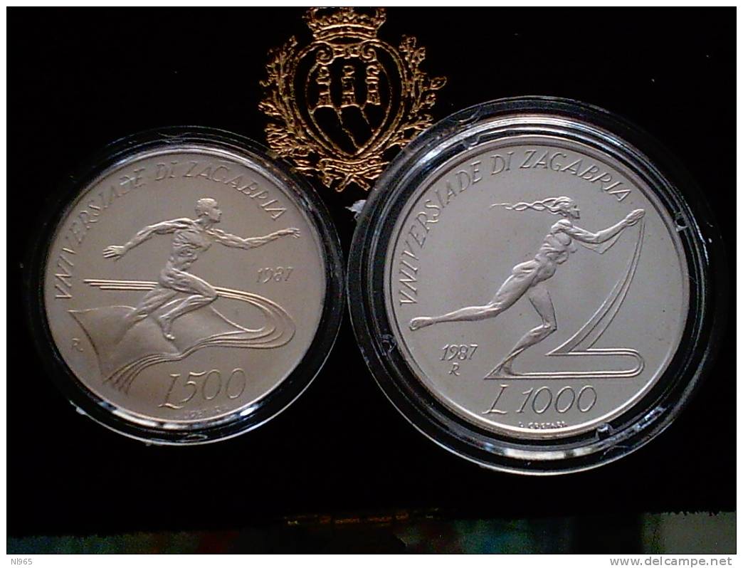 SAN MARINO - ANNO 1987 - DITTICO OLIMPIADI ZAGABRIA  LIRE 500 + 1000  In ARGENTO FONDO SPECCHIO In CONFEZIONE ORIGINALE - Saint-Marin