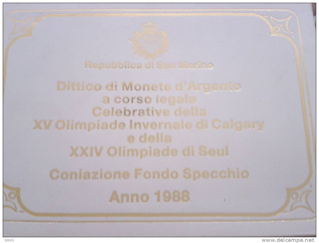 SAN MARINO - ANNO 1988 - DITTICO OLIMPIADI SEUL  LIRE 500 + 1000  In ARGENTO FONDO SPECCHIO In CONFEZIONE ORIGINALE - San Marino