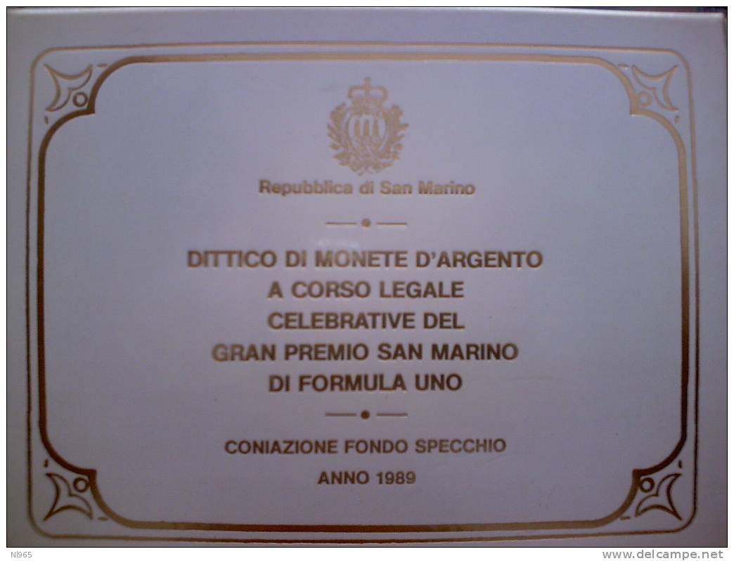 SAN MARINO - ANNO 1989 - DITTICO FORMULA UNO  LIRE 500 + 1000  In ARGENTO FONDO SPECCHIO In CONFEZIONE ORIGINALE - San Marino