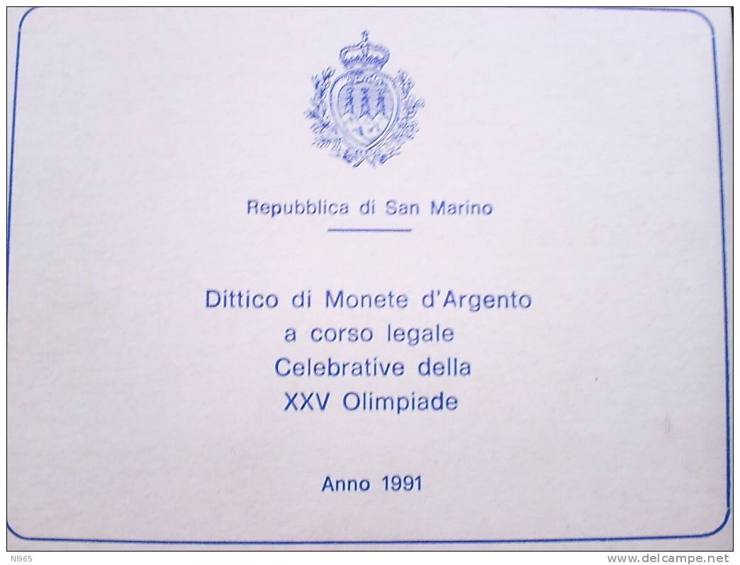 SAN MARINO - ANNO 1991 DITTICO VERSO BARCELLONA  LIRE 500 + 1000  In ARGENTO FDC In CONFEZIONE ORIGINALE - Saint-Marin