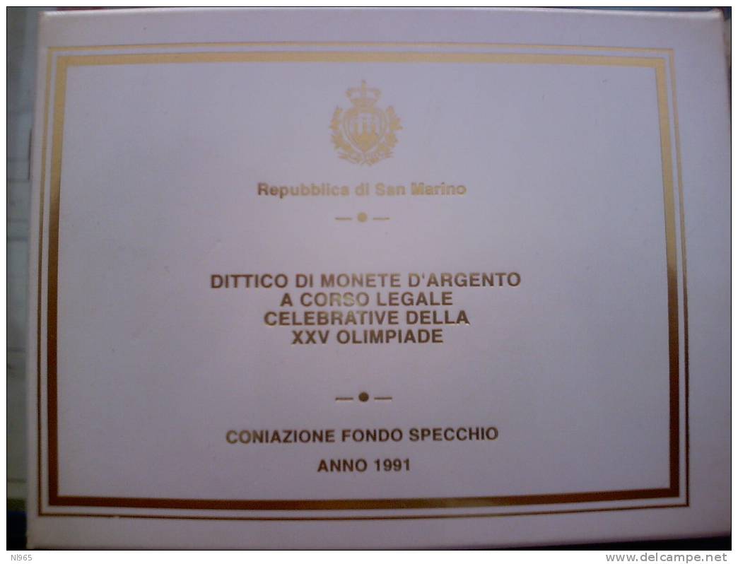 SAN MARINO - ANNO 1991 DITTICO VERSO BARCELLONA  LIRE 500 + 1000  In ARGENTO FONDO SPECCHIO In CONFEZIONE ORIGINALE - San Marino