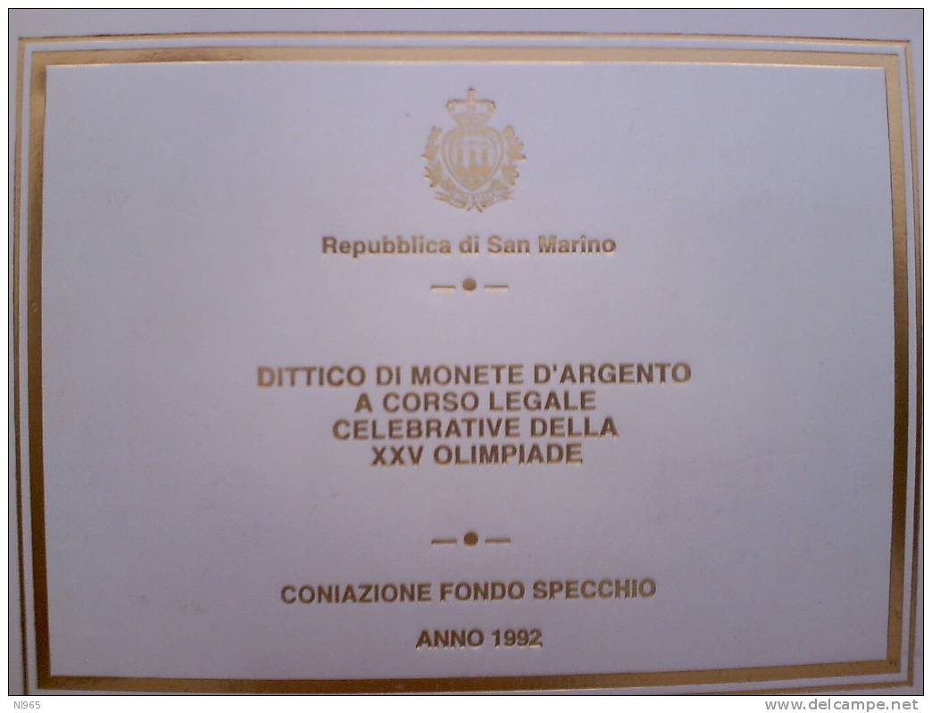 SAN MARINO - ANNO 1992 DITTICO  BARCELLONA  LIRE 500 + 1000  In ARGENTO FONDO SPECCHIO In CONFEZIONE ORIGINALE - San Marino