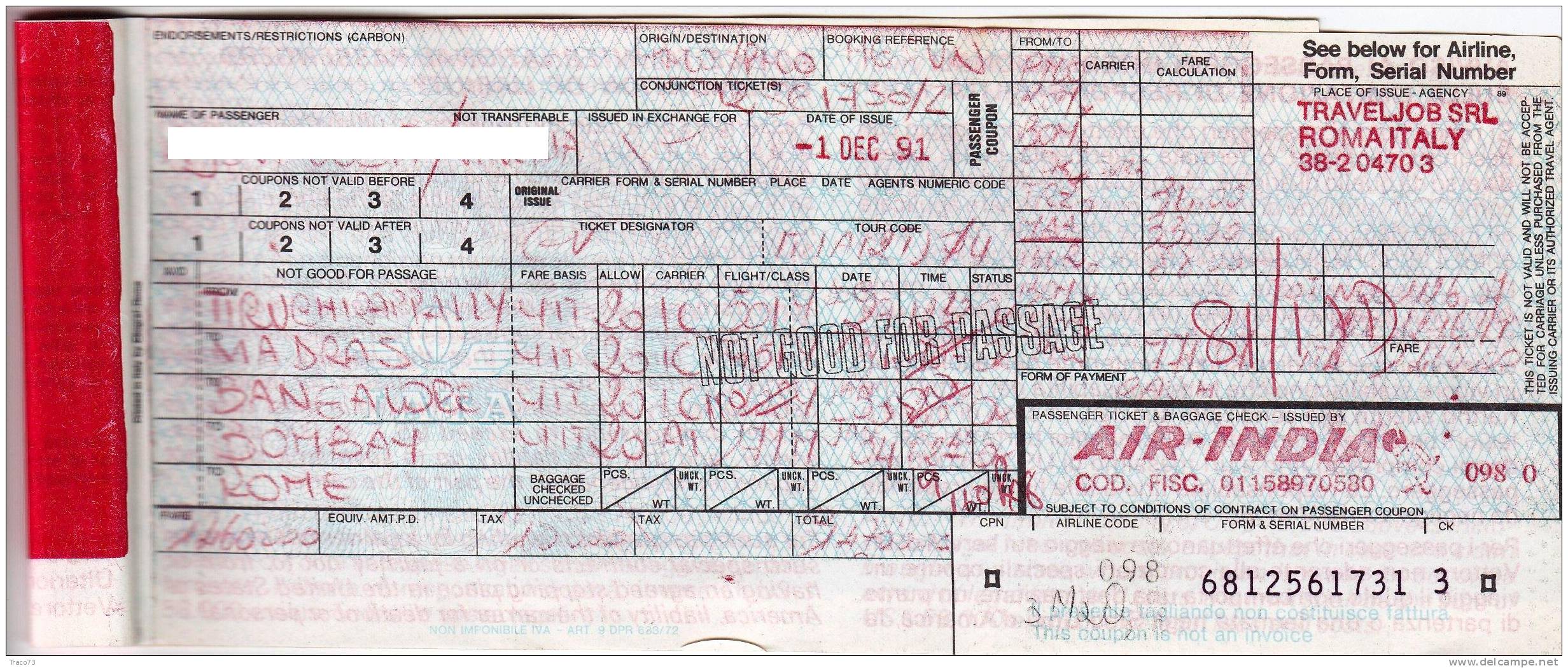 AIR INDIA  /  Biglietto Aereo " IATA "  -  01.12.1991 - Europa
