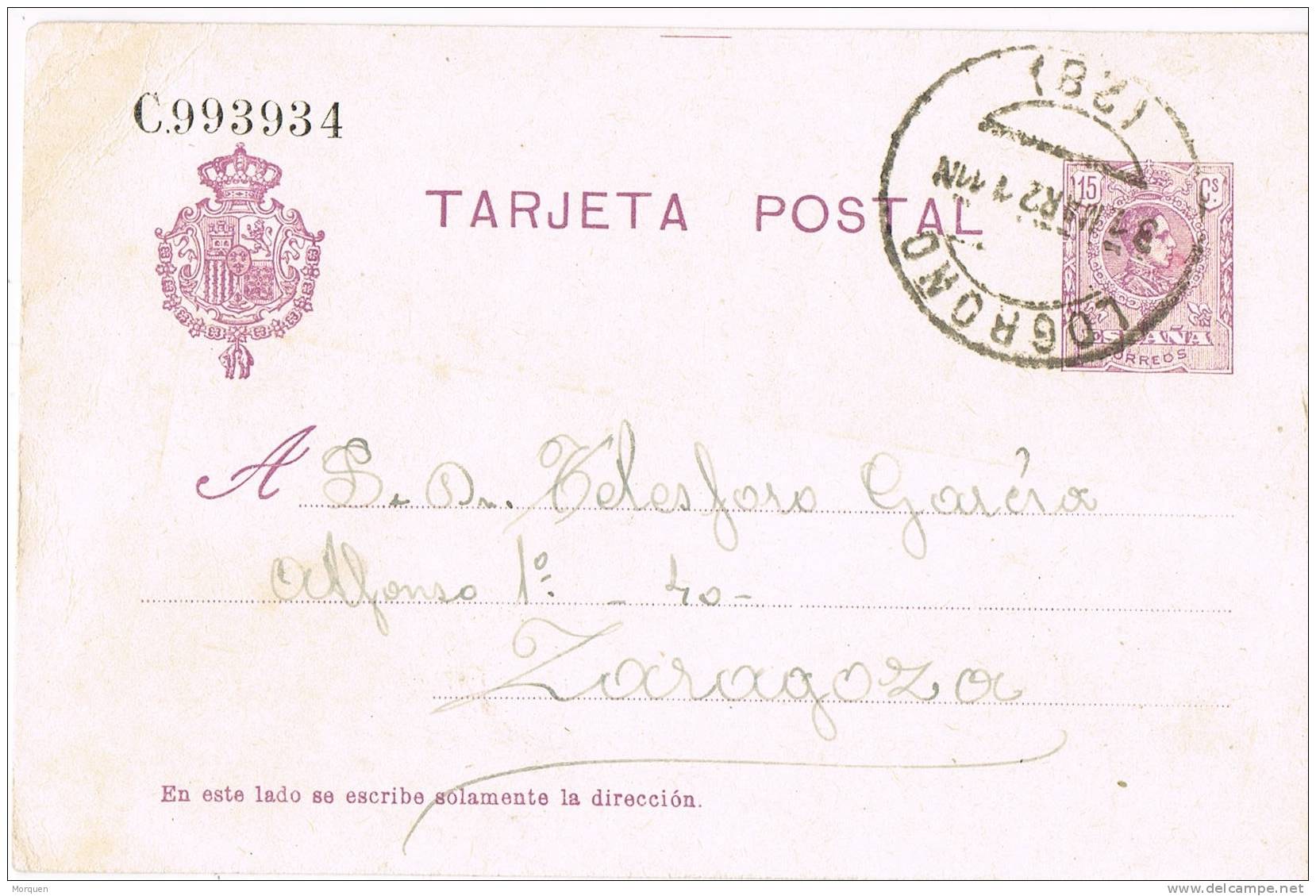 Entero Postal LOGROÑO  1926. Alfonso XIII Medallon. Variedad ERROR Impresion - 1850-1931
