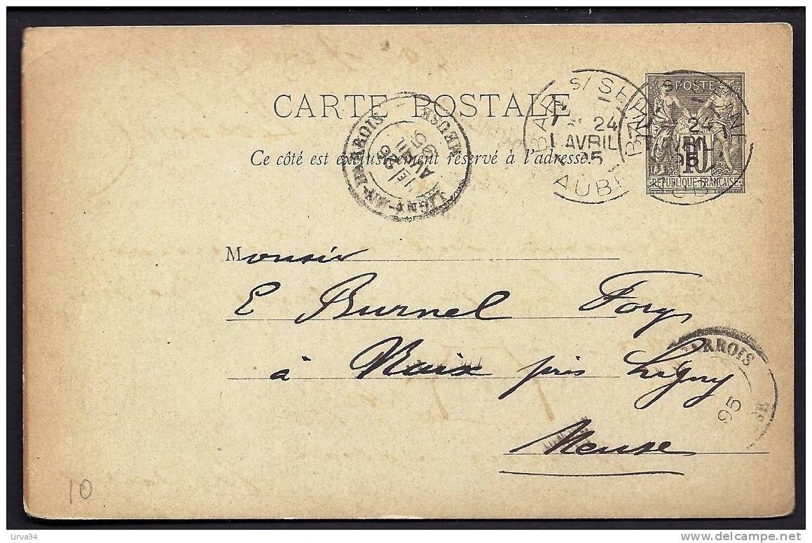 CPA  ANCIENNE- ENTIER-POSTAL FRANCE- 10 C NOIR SUR CHAMOIS CLAIR-  CAD DE BAR SUR-SEINE- 1895 - Autres & Non Classés