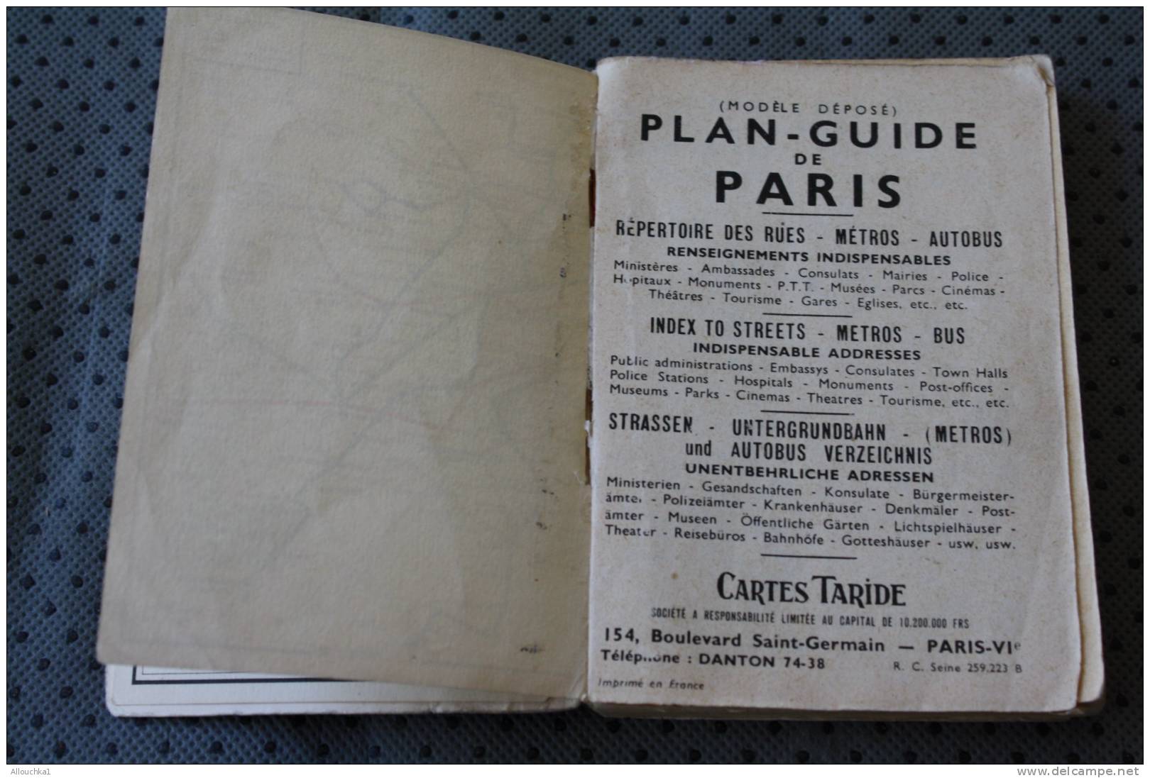 TARIDE PLAN GUIDE DE PARIS  RUES METROPOLITAIN AUTOBUS RENSEIGNEMENTS PRATIQUE PLANS CARTES TARIDE BD ST GERMAIN REF313 - Europa