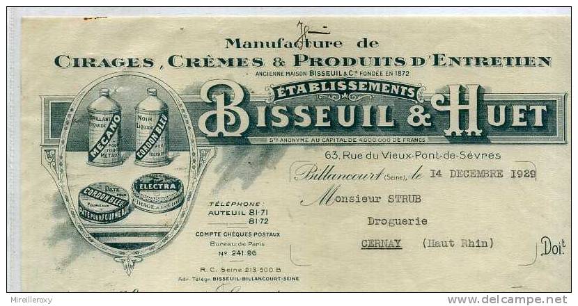 FACTURE MANUFACTURE DE CIRAGES CREMES ET PRODUITS D'ENTRETIEN BILLANCOURT - Droguerie & Parfumerie