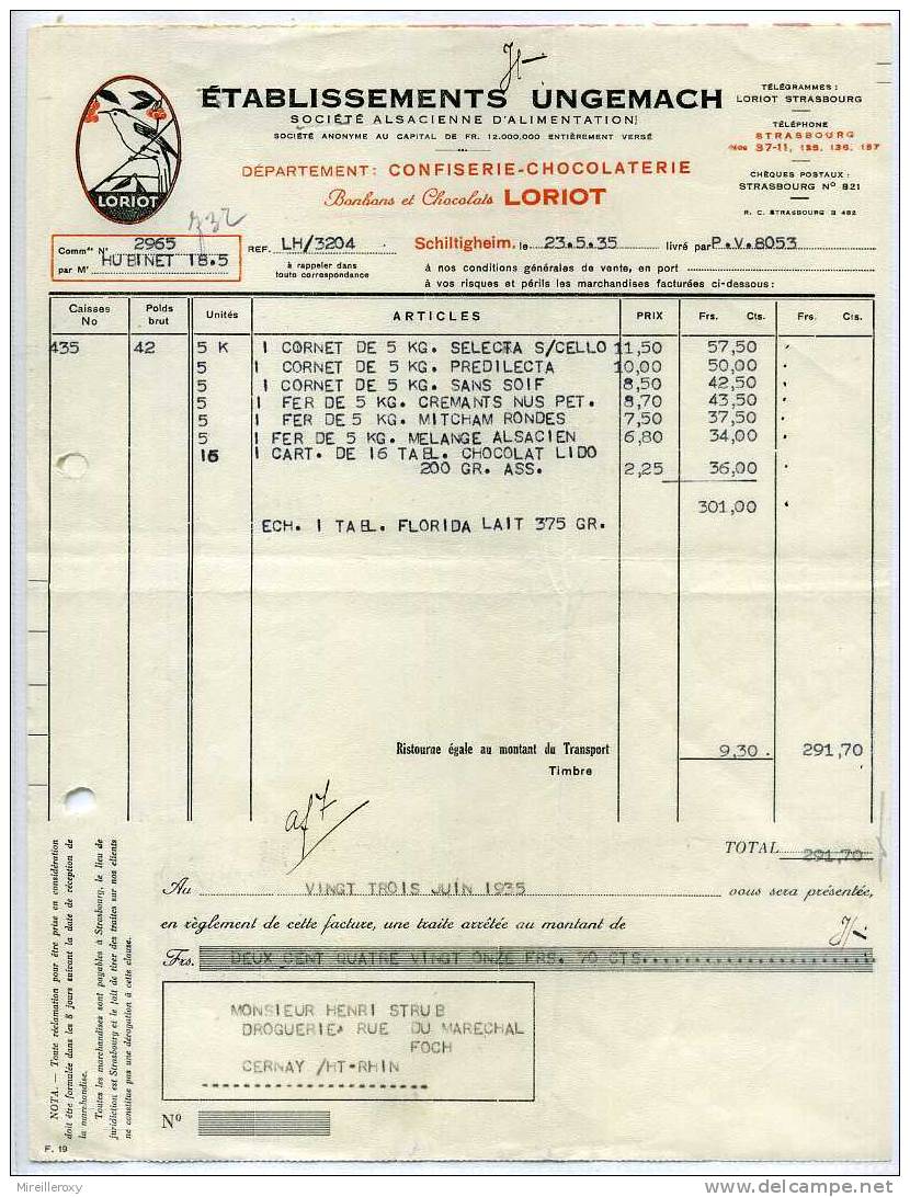 FACTURE CONFISERIE CHOCOLATERIE BONBONS CHOCOLAT LORIOT SCHILTIGHEIM - Chemist's (drugstore) & Perfumery